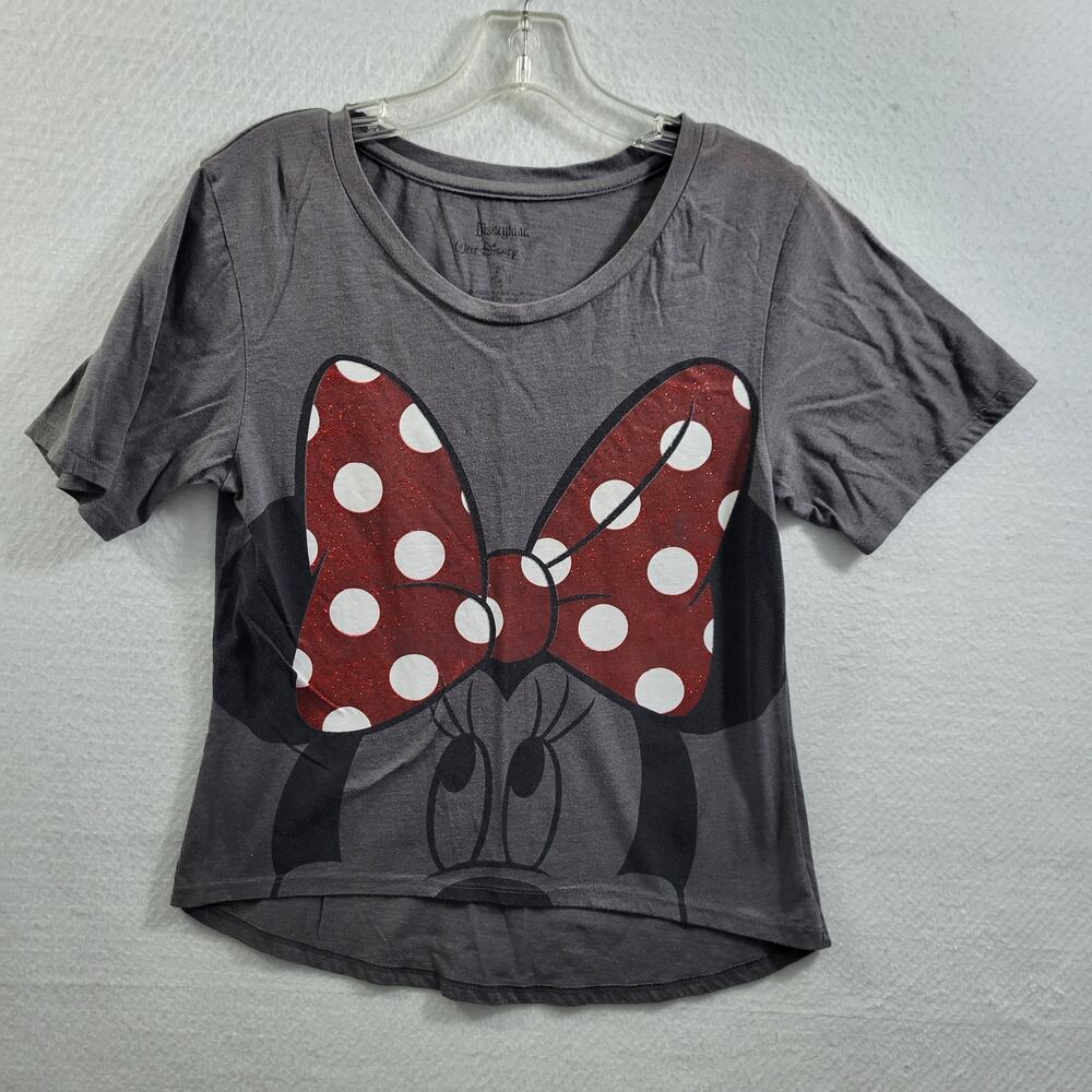 Disneyland Park Gray Minnie Mouse Crop Gray T Shirt Glitter Bow Size S 62524-831
